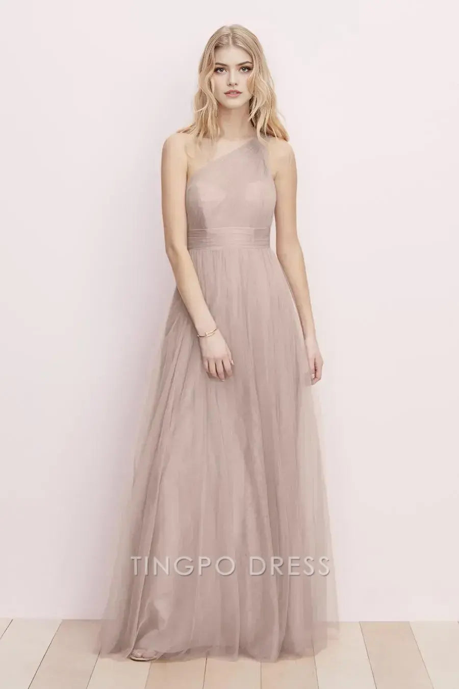 TingPo Wholesale Elegant Nude Pink One - Shoulder Dress - Tulle Tie - Waist Maxi Evening Gown